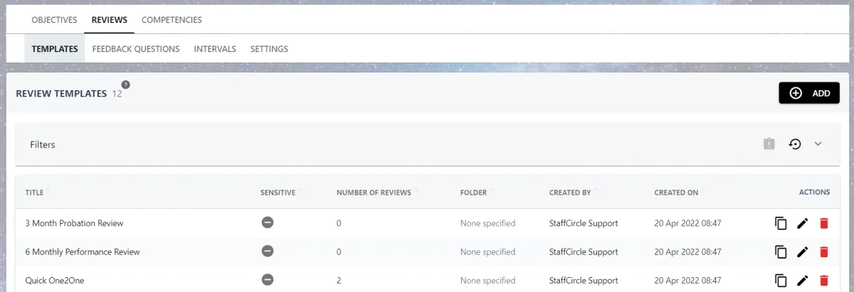 Screenshot from the StaffCircle platform: Review Template: Add