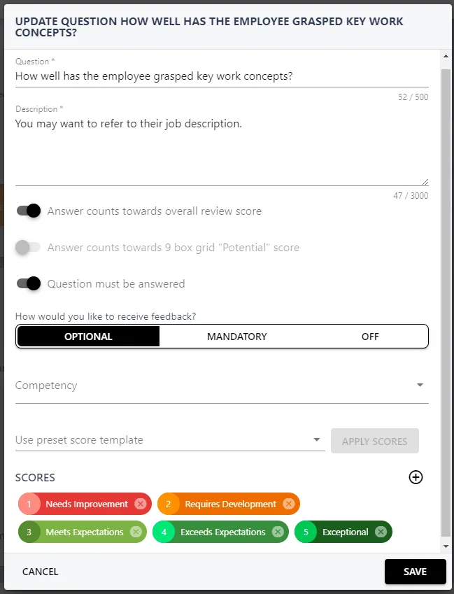 Screenshot from the StaffCircle platform: Scored-based Questions