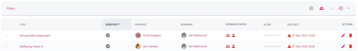 Screenshot from the StaffCircle platform: Sensitive Reviews v.1.30.0
