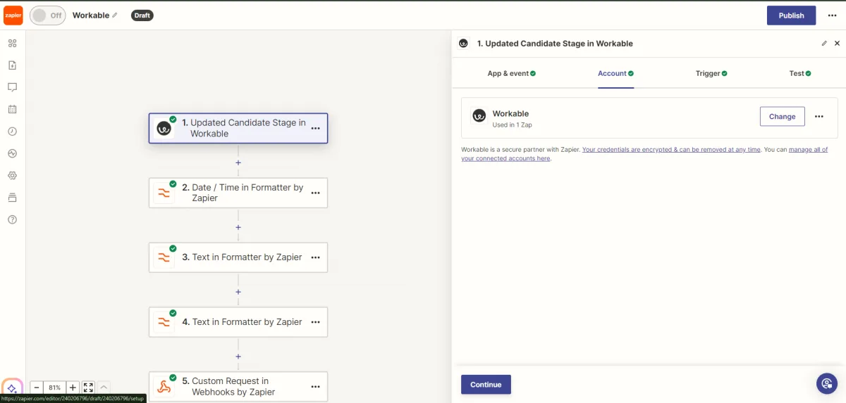 Screenshot from the StaffCircle platform: Setting up the Workable Integration