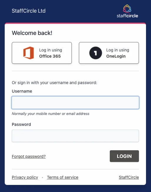 Screenshot from the StaffCircle platform: Single Sign On (Office365)