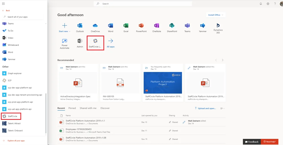 Screenshot from the StaffCircle platform: Single Sign On (Office365)