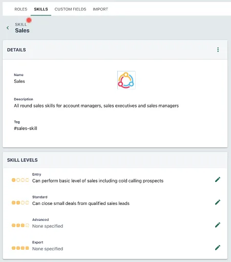 Screenshot from the StaffCircle platform: Skill Levels v.1.20.0