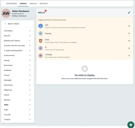 Screenshot from the StaffCircle platform: Skill Levels v.1.20.0