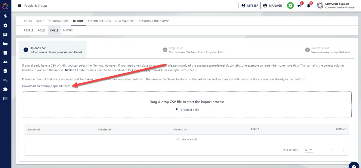 Screenshot from the StaffCircle platform: Skills Importer