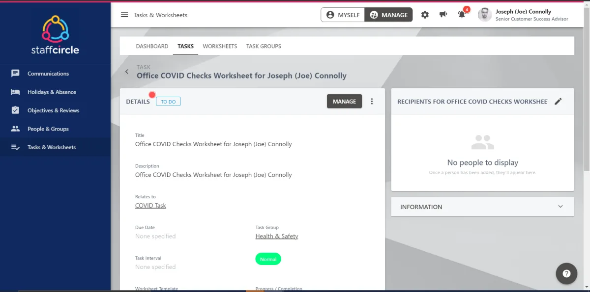 Screenshot from the StaffCircle platform: Task Administration View