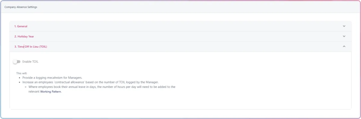 Screenshot from the StaffCircle platform: Time Off In Lieu (TOIL) v.1.43.0