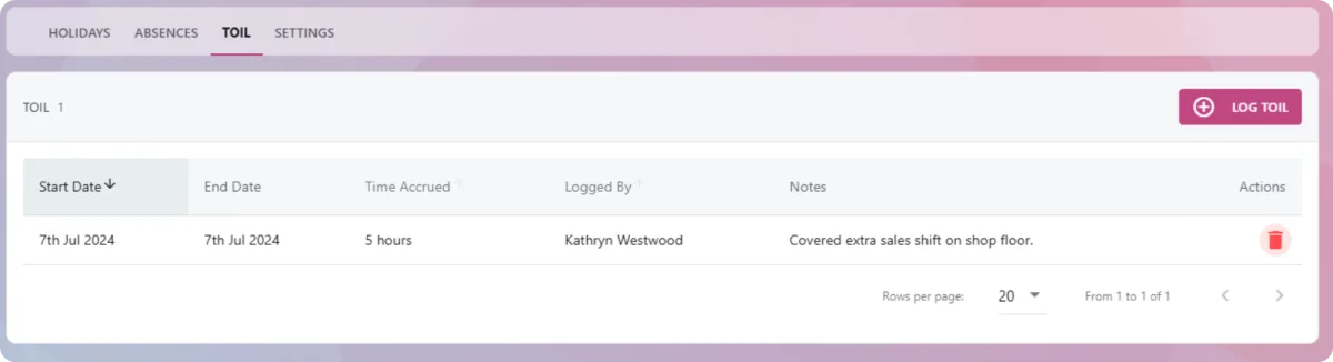 Screenshot from the StaffCircle platform: Time Off In Lieu (TOIL) v.1.43.0