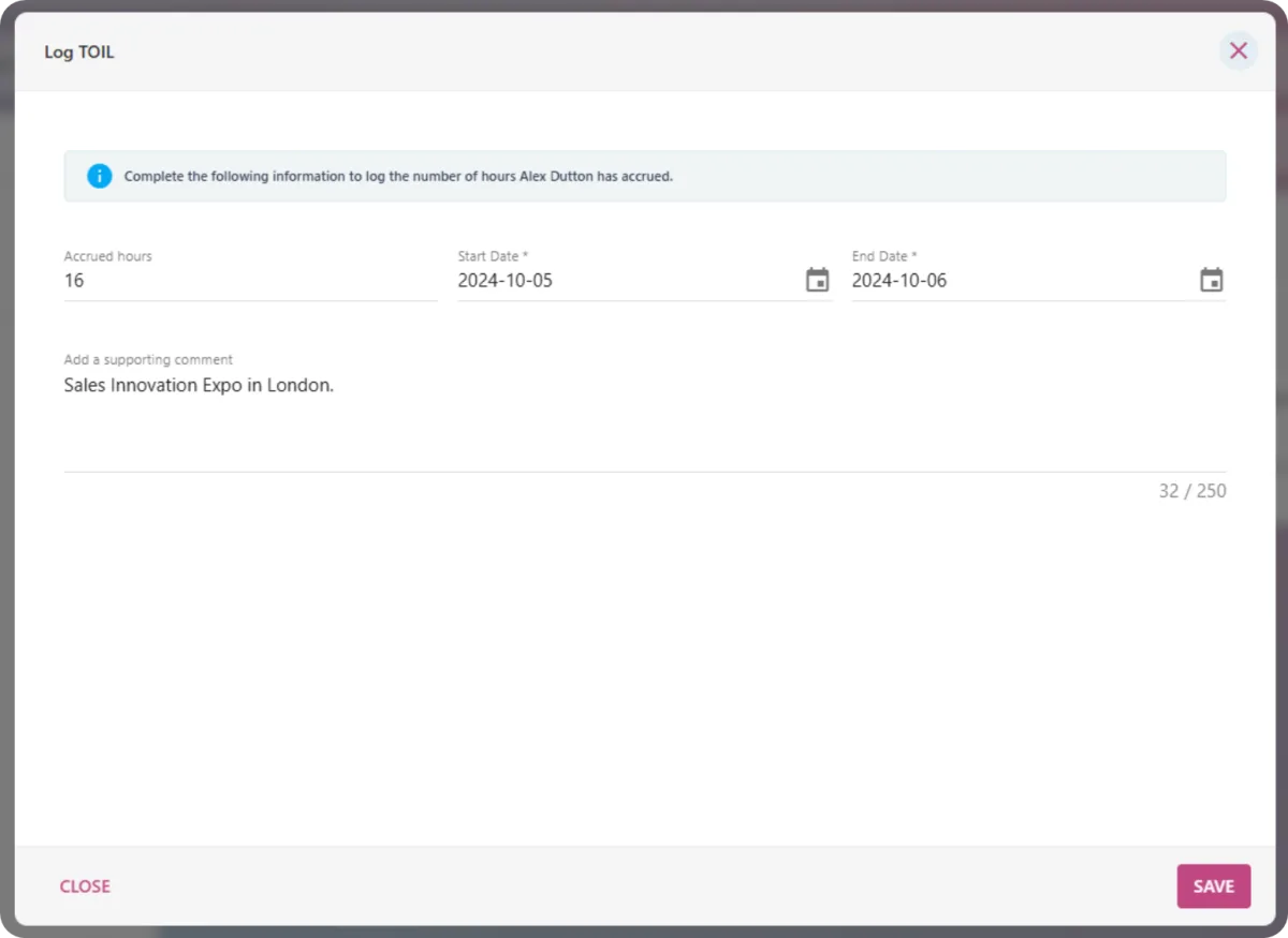 Screenshot from the StaffCircle platform: Time Off In Lieu (TOIL) v.1.43.0