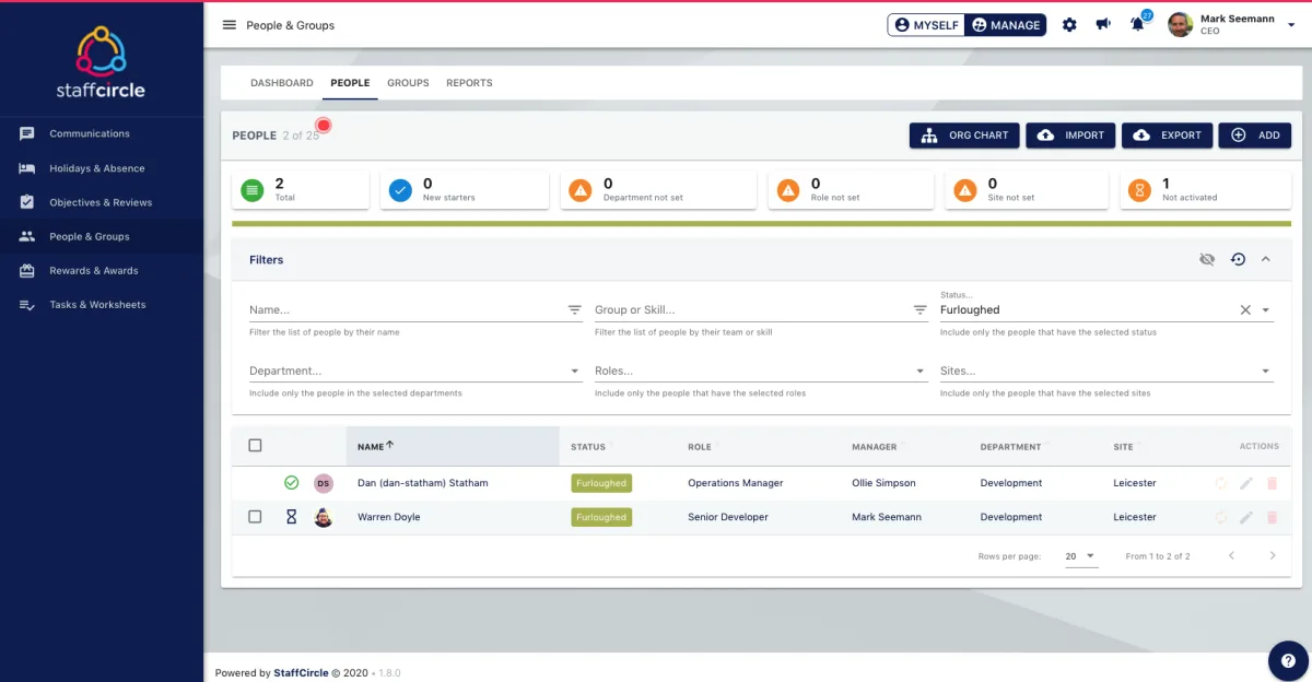 Screenshot from the StaffCircle platform: Today Screen v.1.6.0