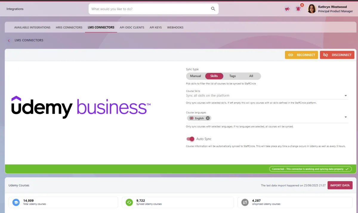 Screenshot from the StaffCircle platform: Udemy Business Connector