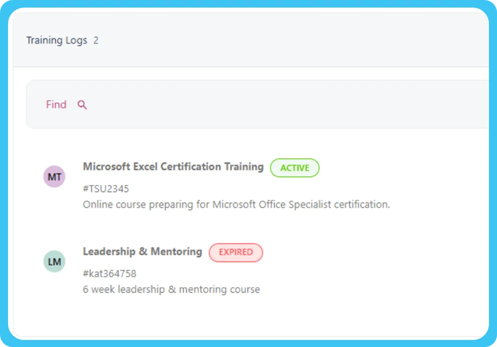 Screenshot from the StaffCircle platform: Unified Training Database, Training Objective, and Training Logs (1.45.0)