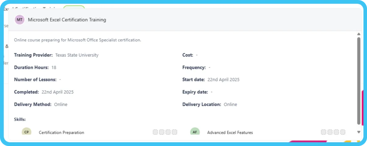 Screenshot from the StaffCircle platform: Unified Training Database, Training Objective, and Training Logs (1.45.0)
