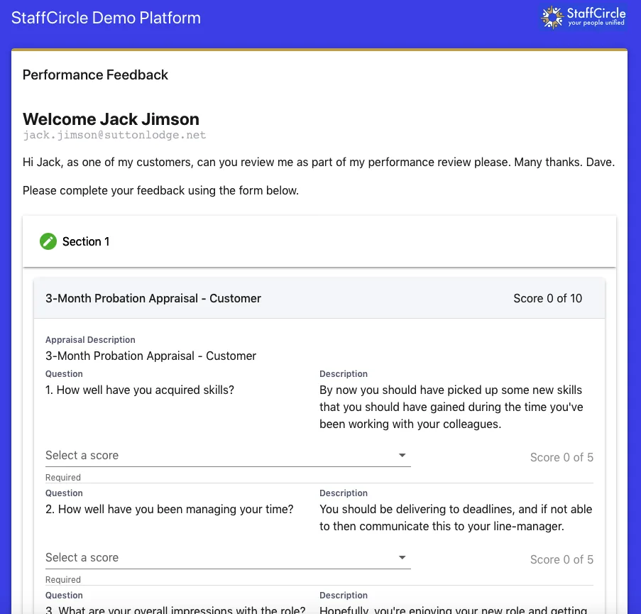 Screenshot from the StaffCircle platform: v.1.0.14 (20/08/2019)