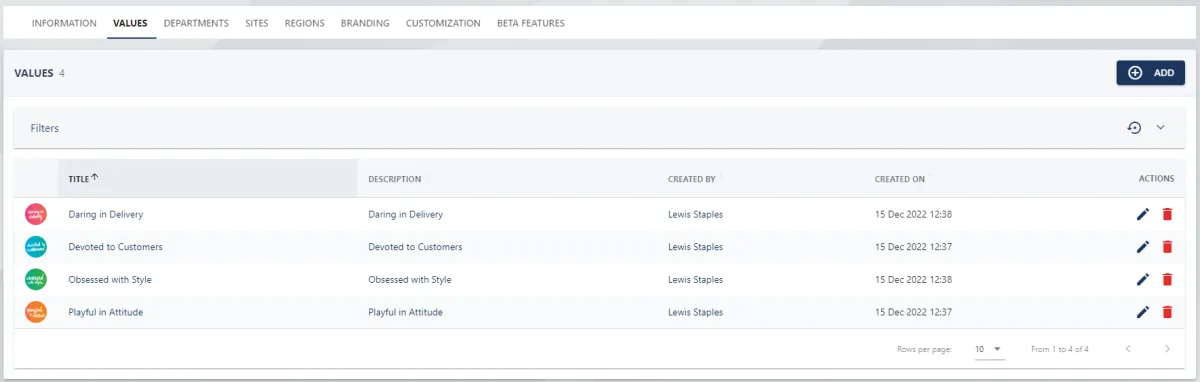 Screenshot from the StaffCircle platform: Values: Add