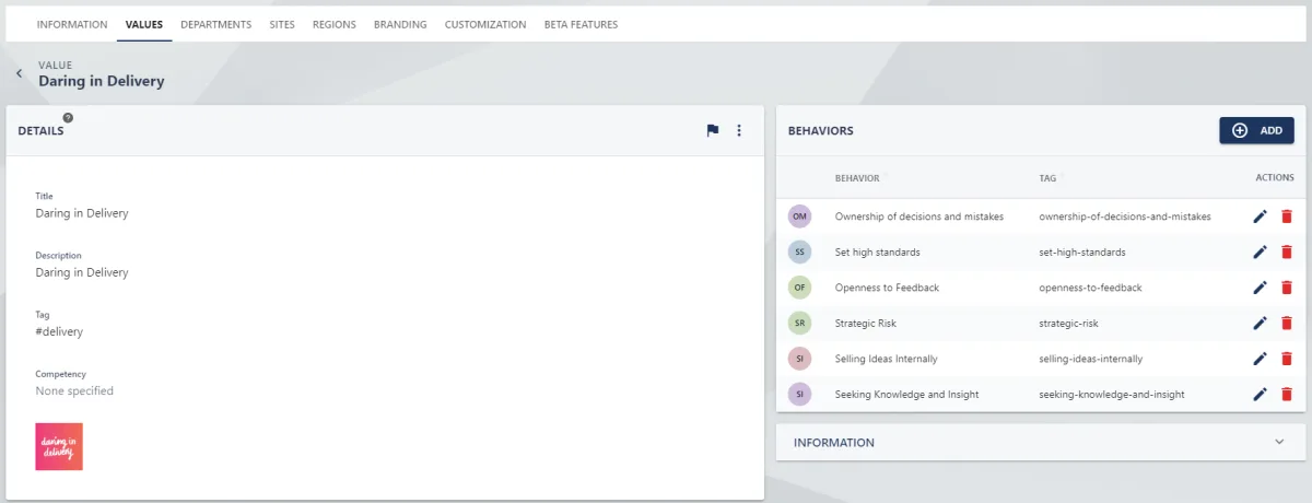 Screenshot from the StaffCircle platform: Values: Add/Associate a Behaviour