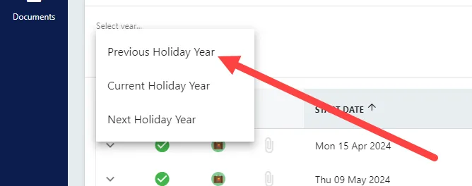 Screenshot from the StaffCircle platform: Where can I see last year's holidays?