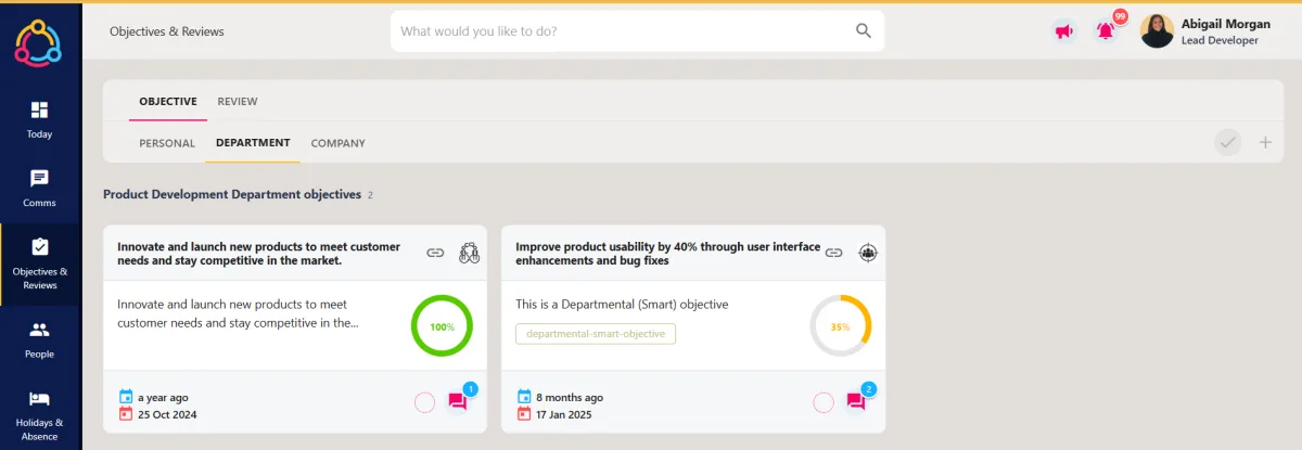 Screenshot from the StaffCircle platform: Why can't I see my Department's objectives?