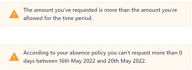 Screenshot from the StaffCircle platform: Why can't the employee book their holiday?