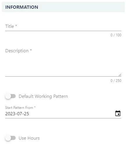 Screenshot from the StaffCircle platform: Working Patterns: Add