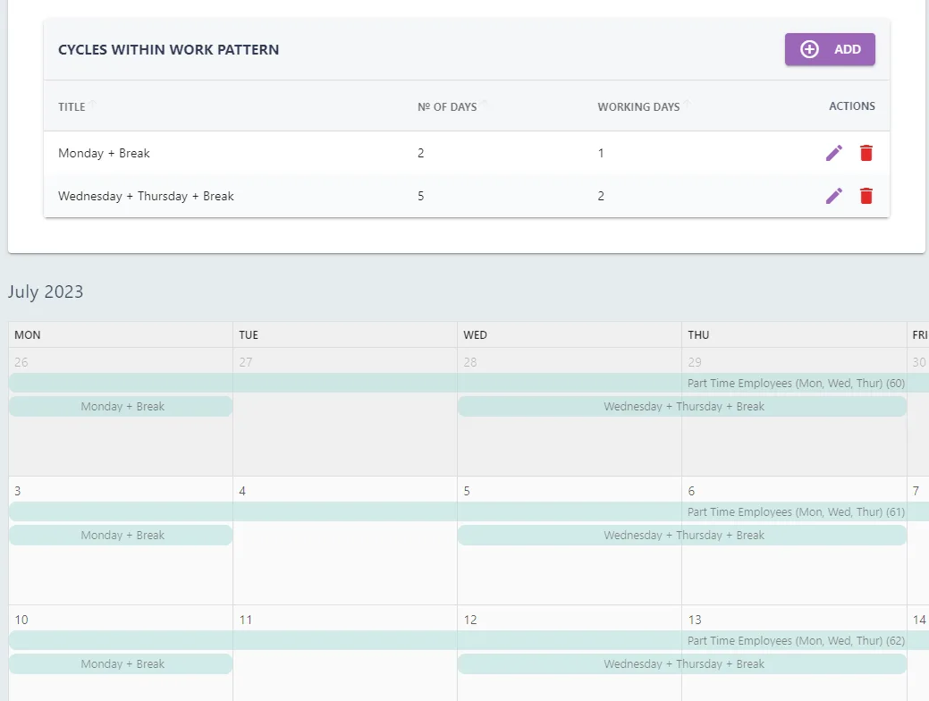 Screenshot from the StaffCircle platform: Working Patterns: Overview