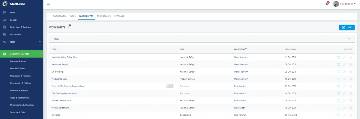 Screenshot from the StaffCircle platform: Worksheets Administration View