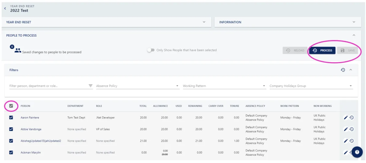 Screenshot from the StaffCircle platform: Year End Reset: Overview