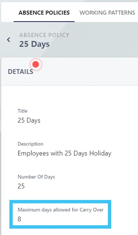 Screenshot from the StaffCircle platform: Year End Task: Carry Over Holidays