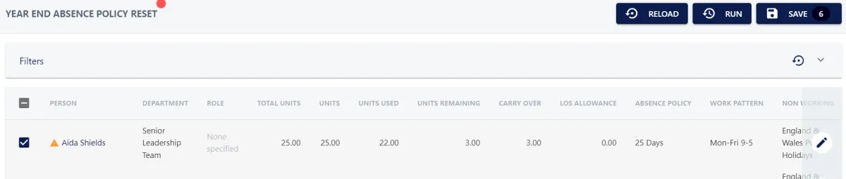 Screenshot from the StaffCircle platform: Year End Task: Carry Over Holidays