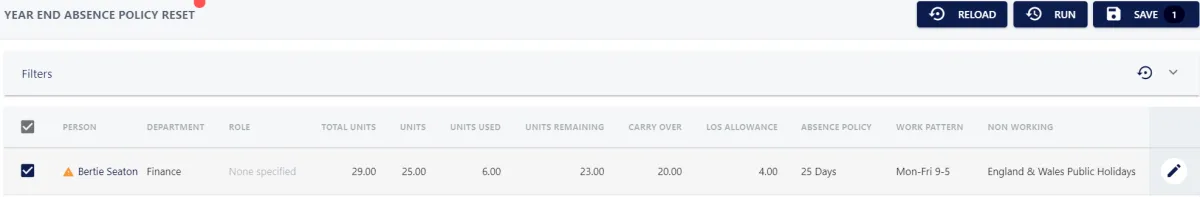 Screenshot from the StaffCircle platform: Year End Task: Carry Over Holidays