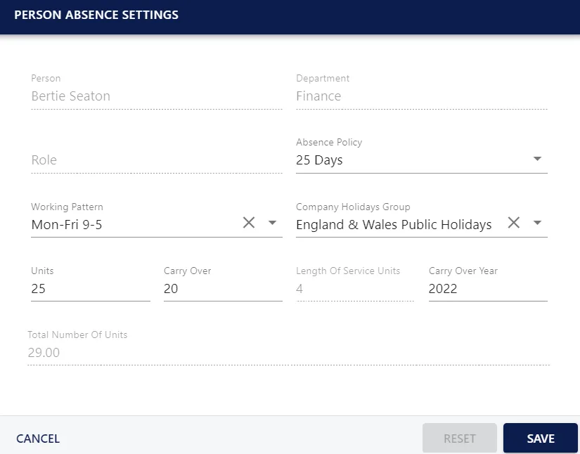 Screenshot from the StaffCircle platform: Year End Task: Carry Over Holidays