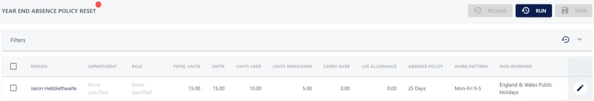 Screenshot from the StaffCircle platform: Year End Task: Carry Over Holidays