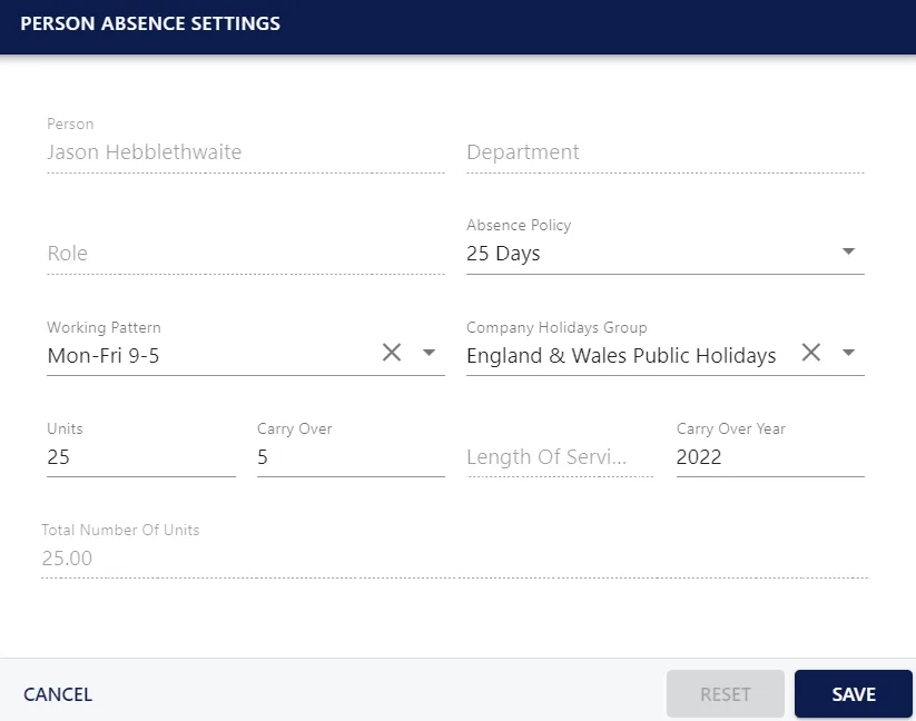 Screenshot from the StaffCircle platform: Year End Task: Carry Over Holidays