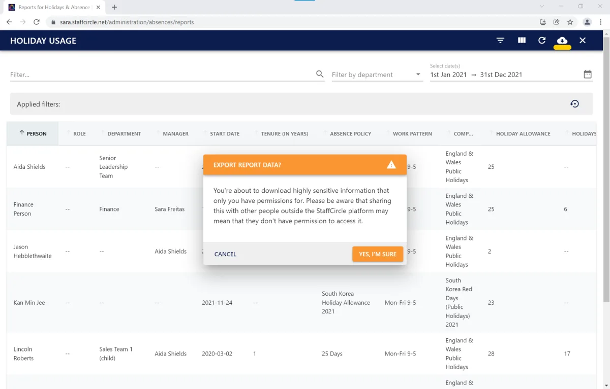 Screenshot from the StaffCircle platform: Year End Task: Carry Over Holidays