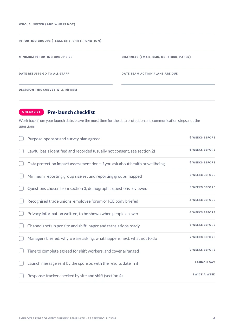 Engagement survey pre-launch checklist with timings