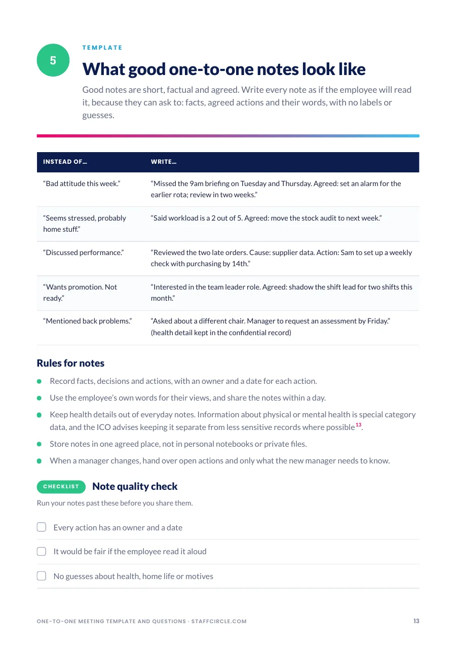 Table comparing poor and good one-to-one notes, with rules for notes