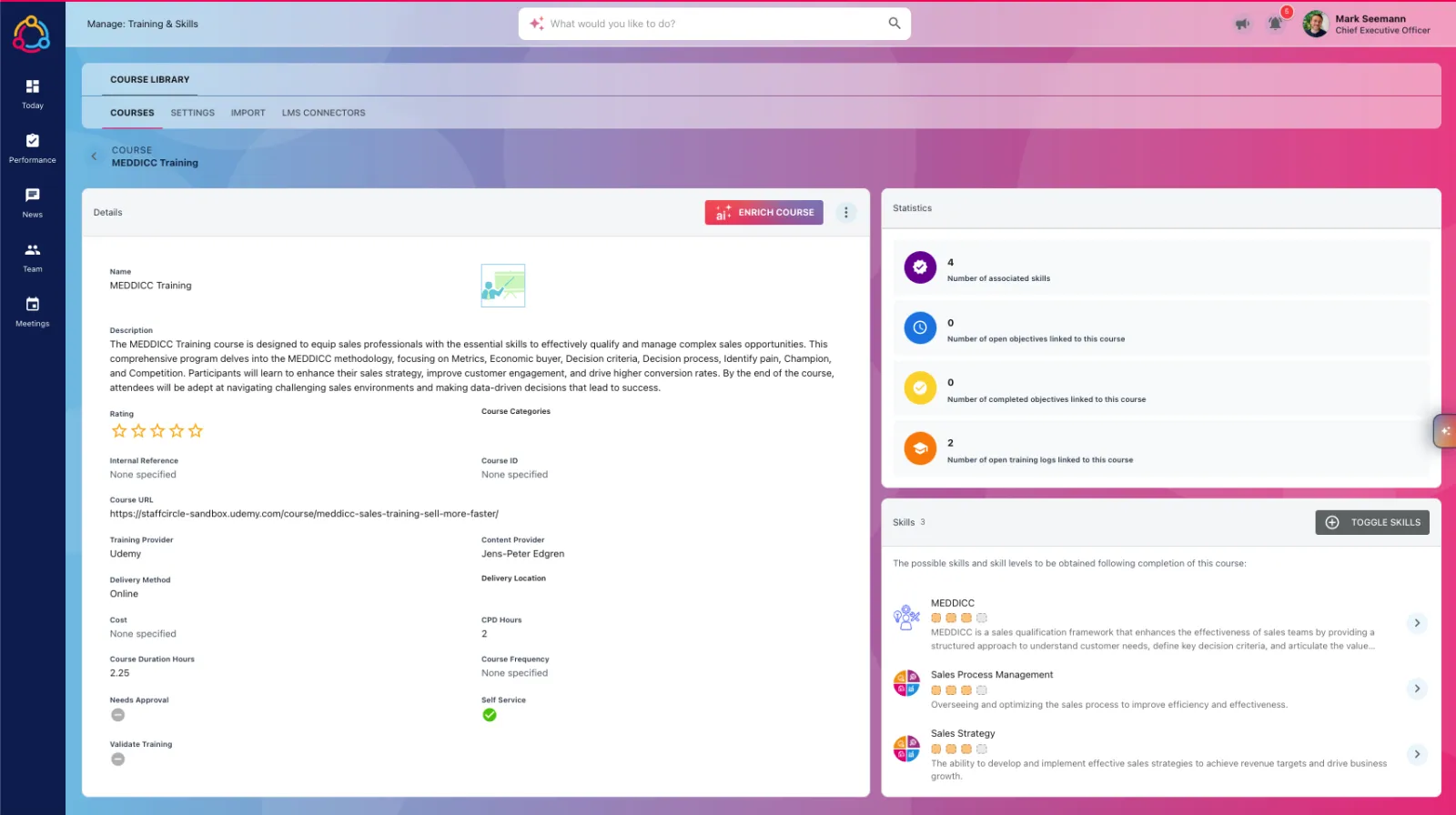 StaffCircle course library — MEDDICC training course with linked skills