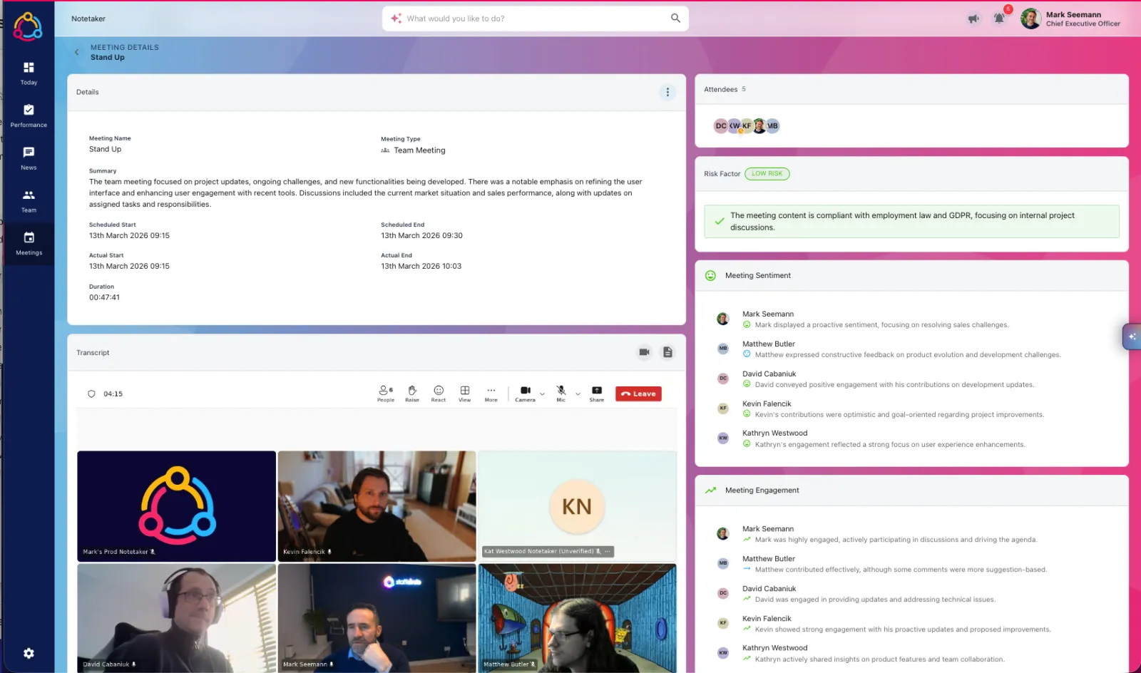 StaffCircle Notetaker — stand-up meeting with transcript, sentiment and engagement