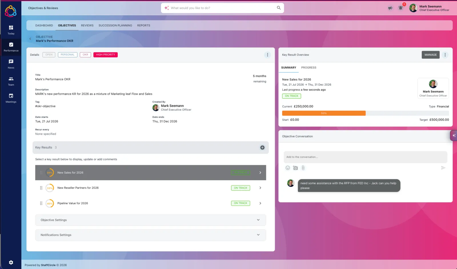 StaffCircle objectives — OKR with key results and conversation