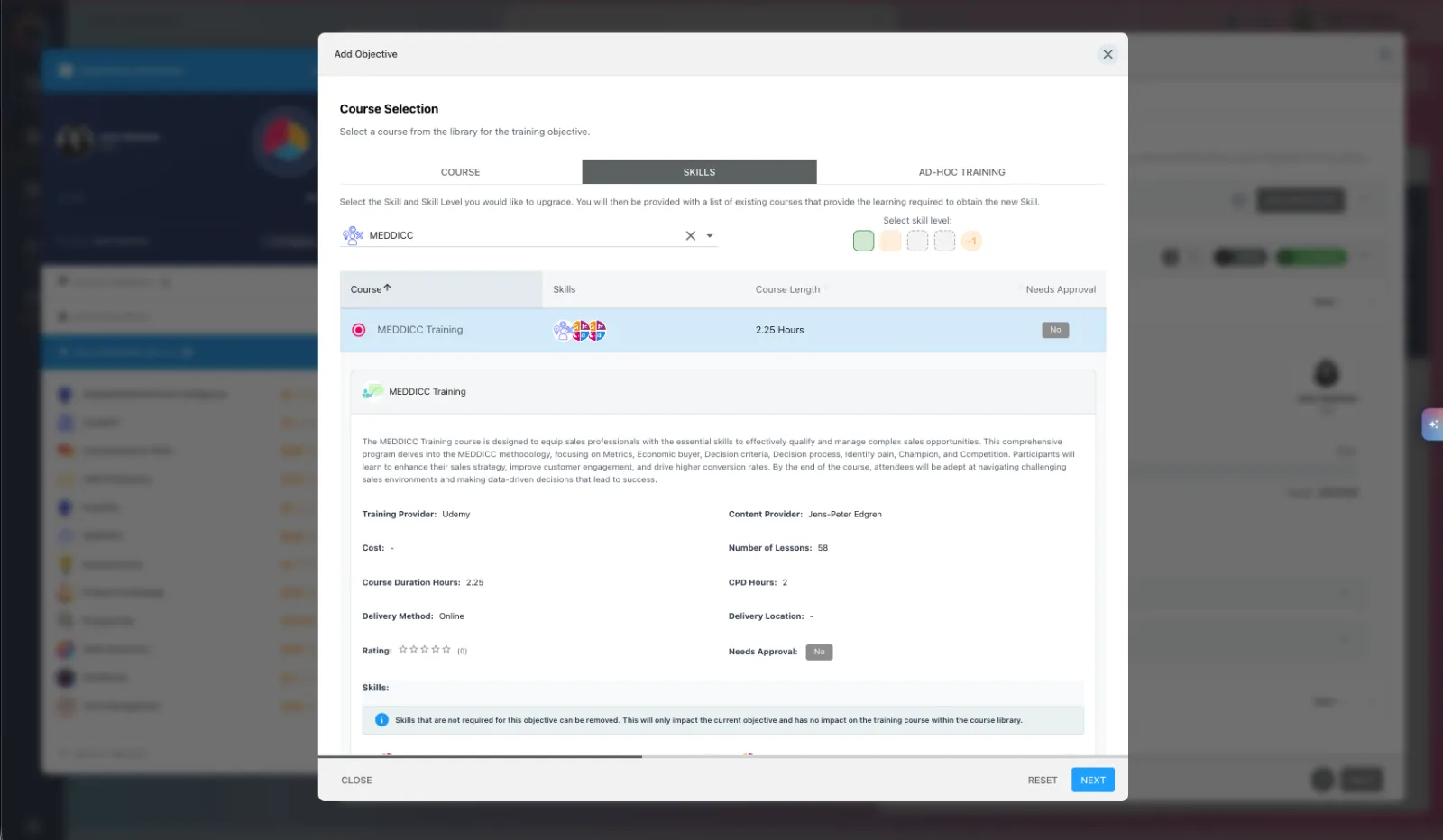 StaffCircle review — add a training objective from a skill
