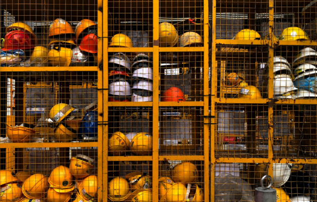 Hard hats in a cage
