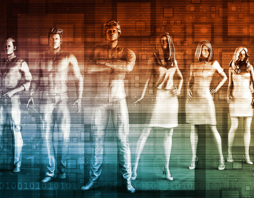 Digital outlines of colleagues over a data backdrop, illustrating virtual teams and channels