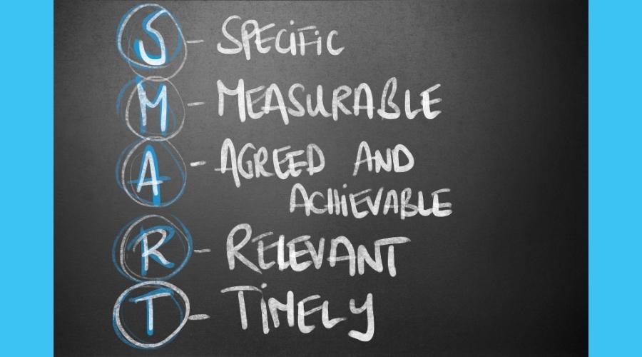 SMART goals on a blackboard: specific, measurable, agreed and achievable, relevant and timely