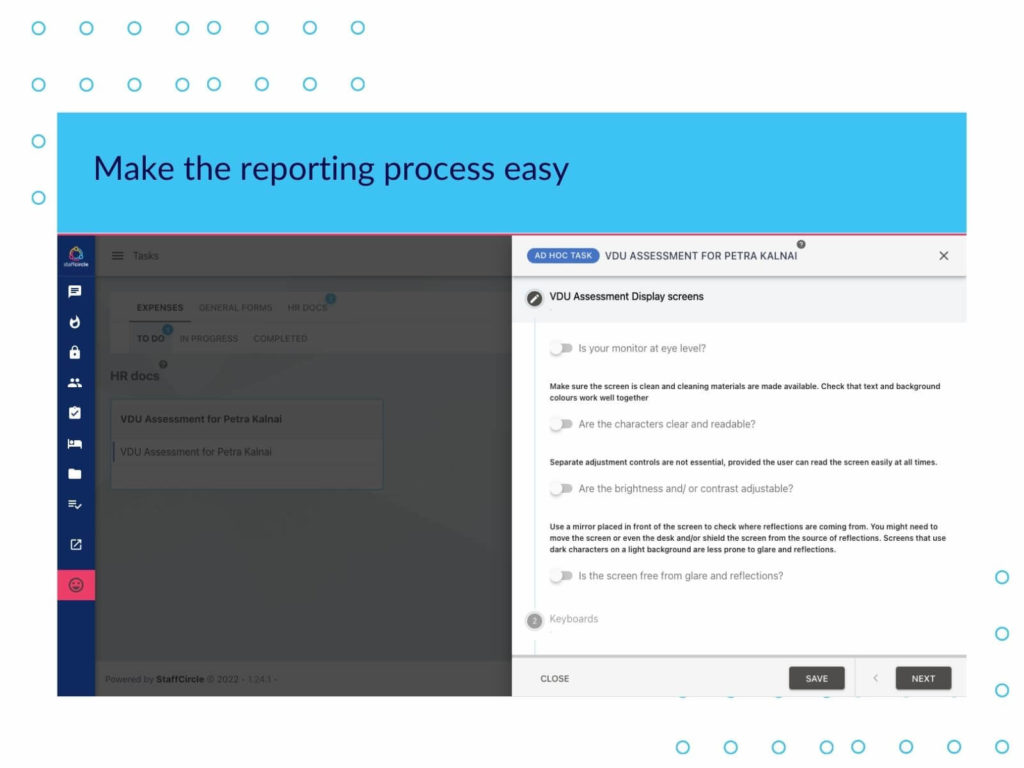 Reporting process as part of a health and safety policy
