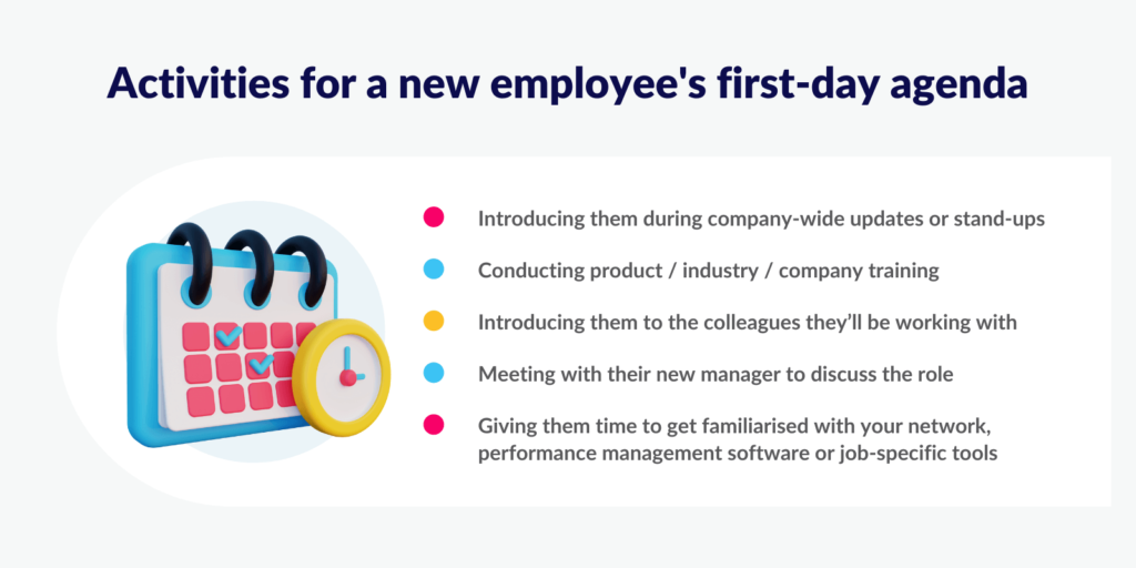 Activities for a new employee's first-day agenda