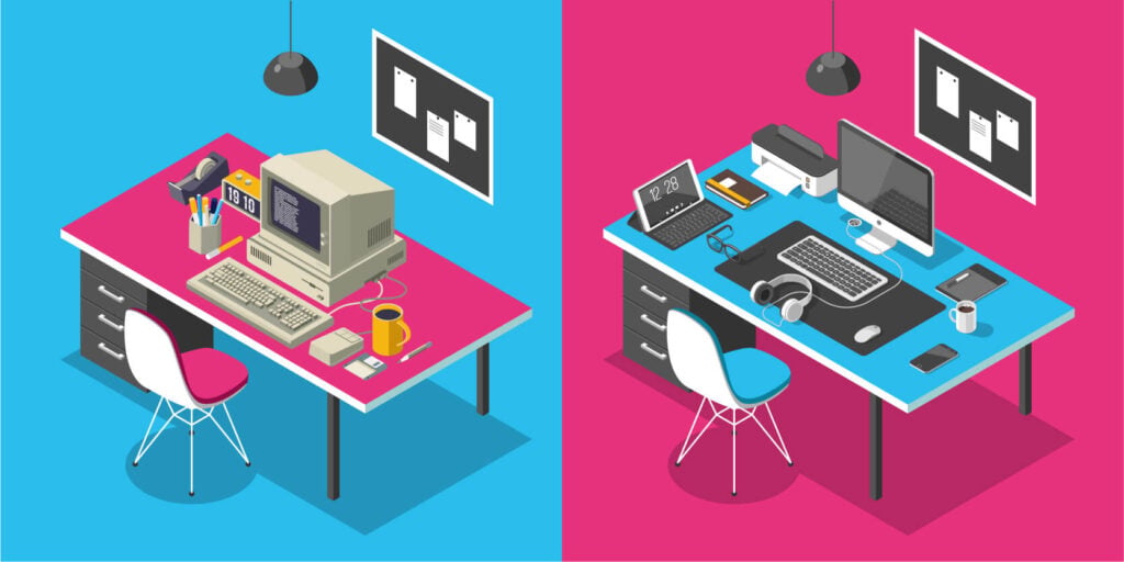 A 1970s office desk beside a modern workstation, contrasting old and new ways of working