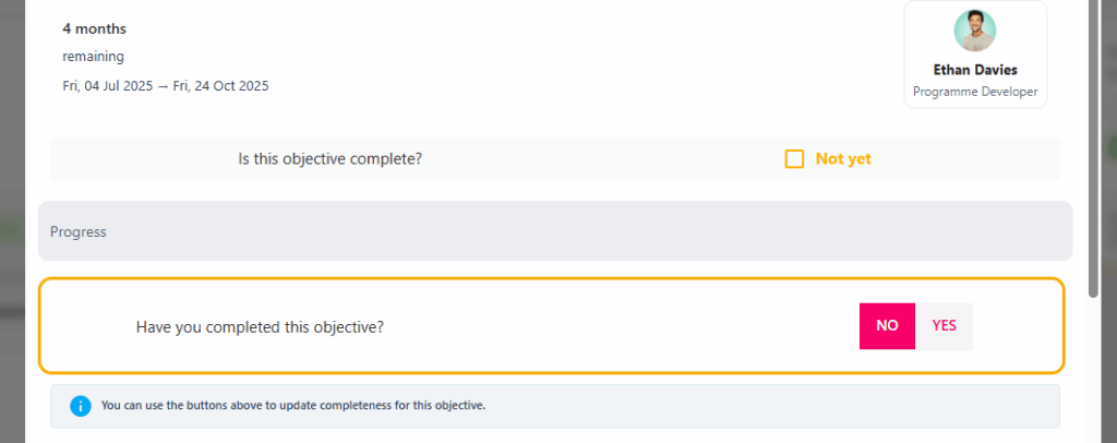 A yes/no objective switched to Yes with the All done indicator above it