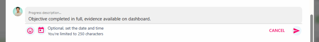 Progress description field with the paper aeroplane icon that saves the update