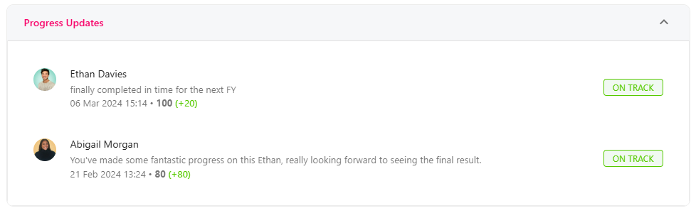 Progress updates area listing the author, time stamp and comment
