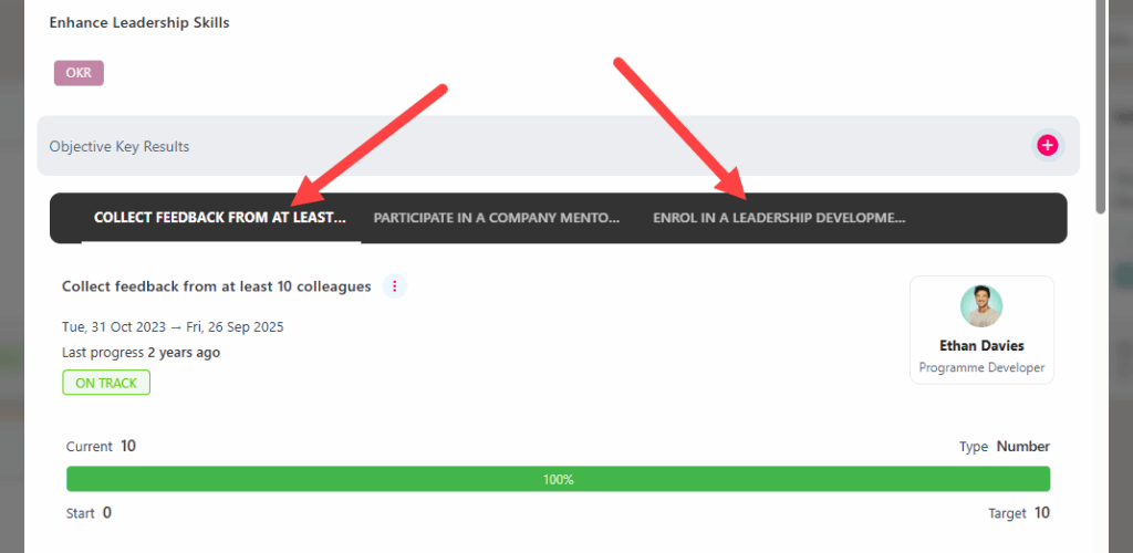 Key result titles listed in the coloured banner of the OKR